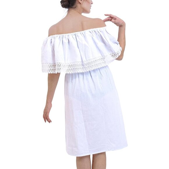 Mexican Off Shoulder White Dress Size Med Floral Embroidery Elastic Waist - Picture 3 of 3